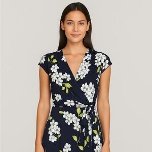 London Times Blue Floral Cap Sleeve Faux Wrap Dress in 16W